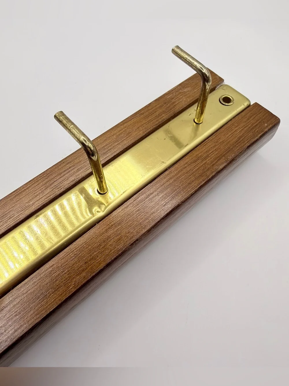 Vintage Wood and Brass 6 Hook Wall Rack - Brown and Gold sliding mount
